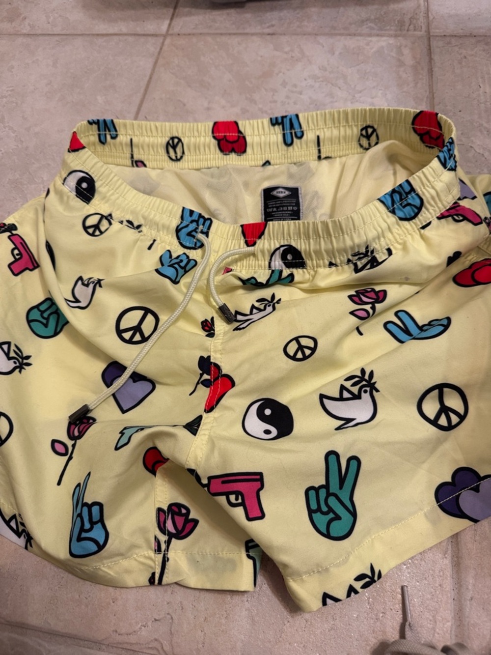 Men's Yellow Printed Swim Trunks with Peace & Graphic Icons